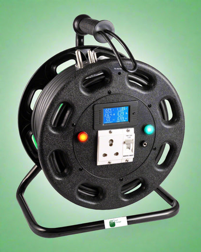 Black cable reel with digital display and control buttons on a green background